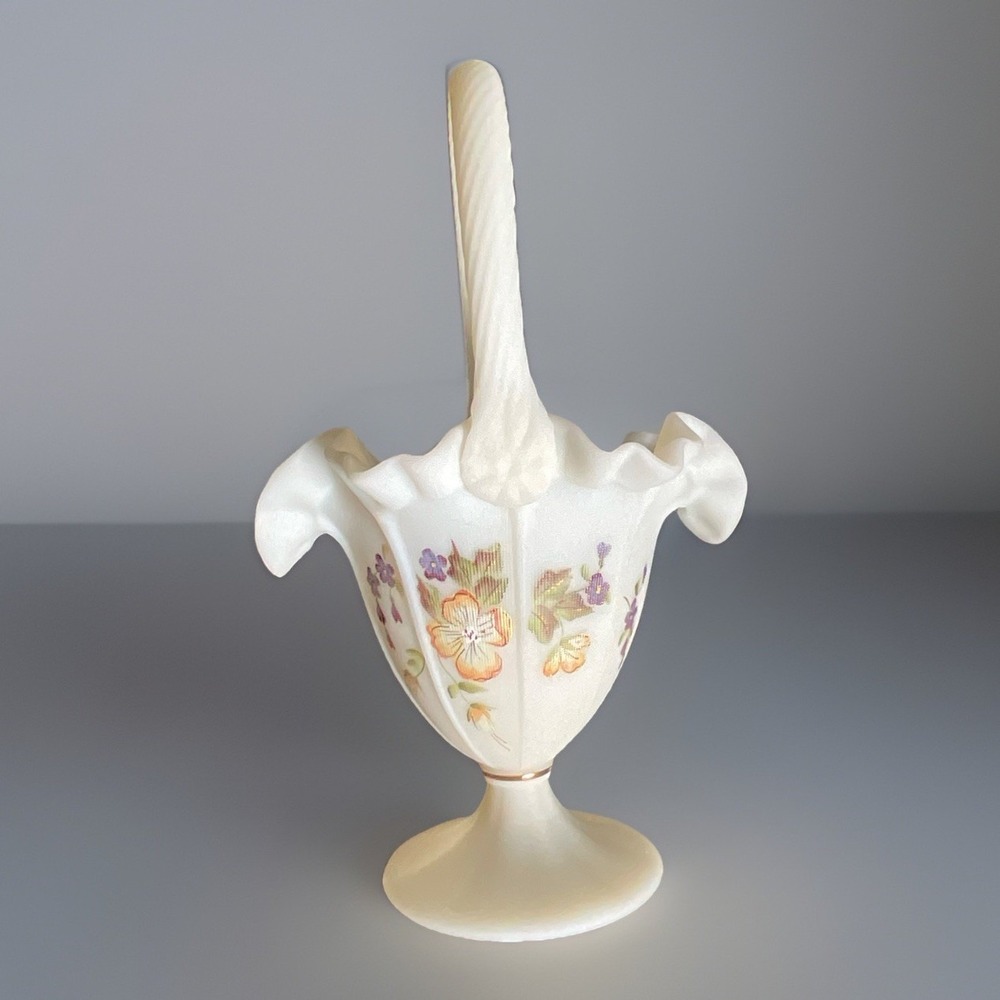Fenton Rose Satin‎ White Handpainted Basket Signed Ruffled Textured Handle